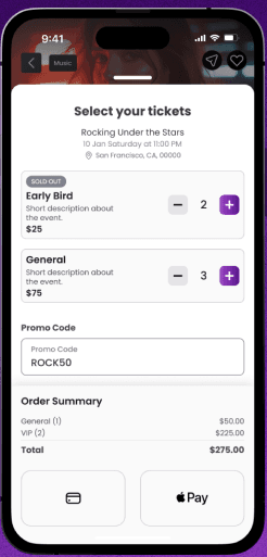 TixFix ticket selection screen with tiers, promo code and Apple Pay
